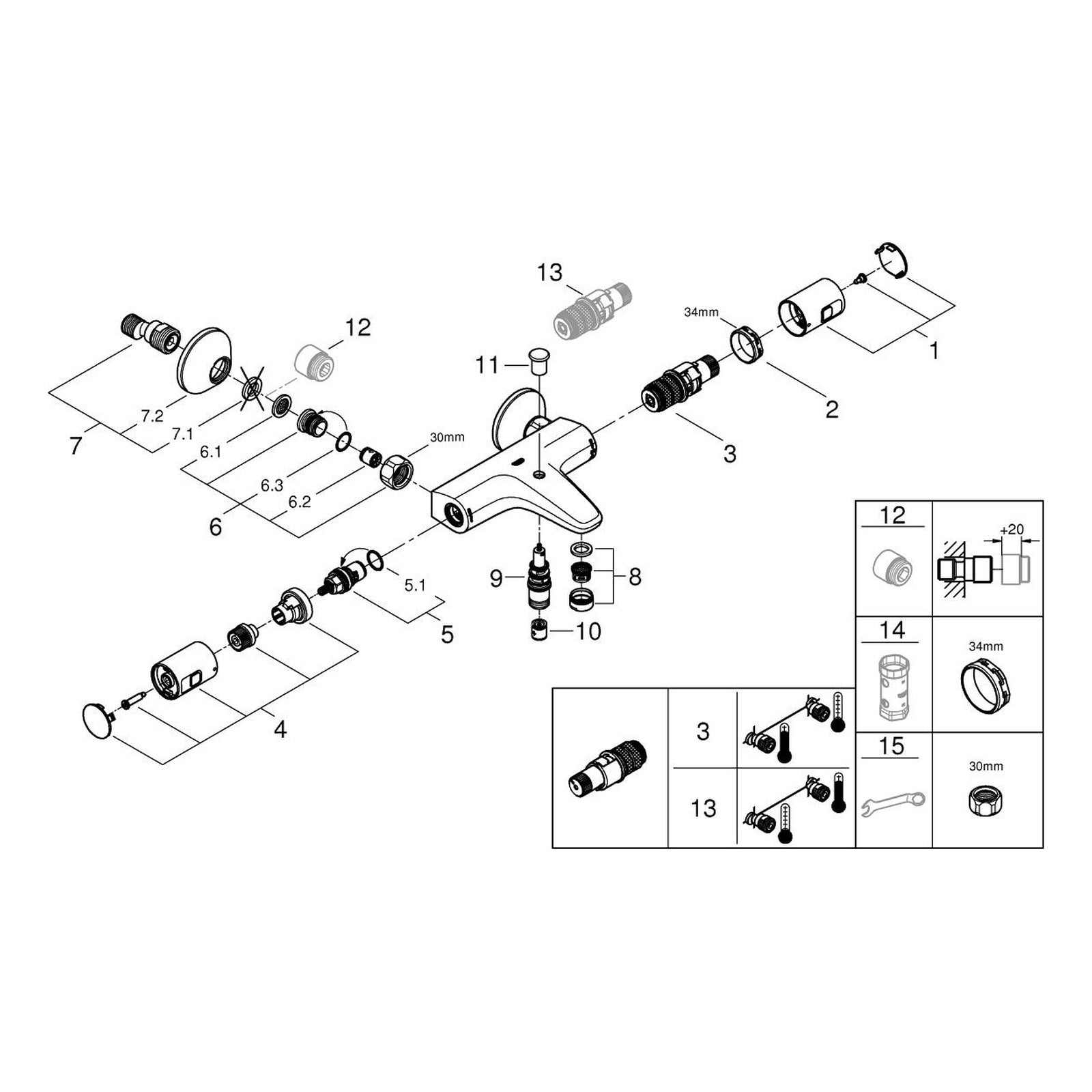 Onderdelentekening Grohe Precision Start thermostatische badmengkraan 2014–2018