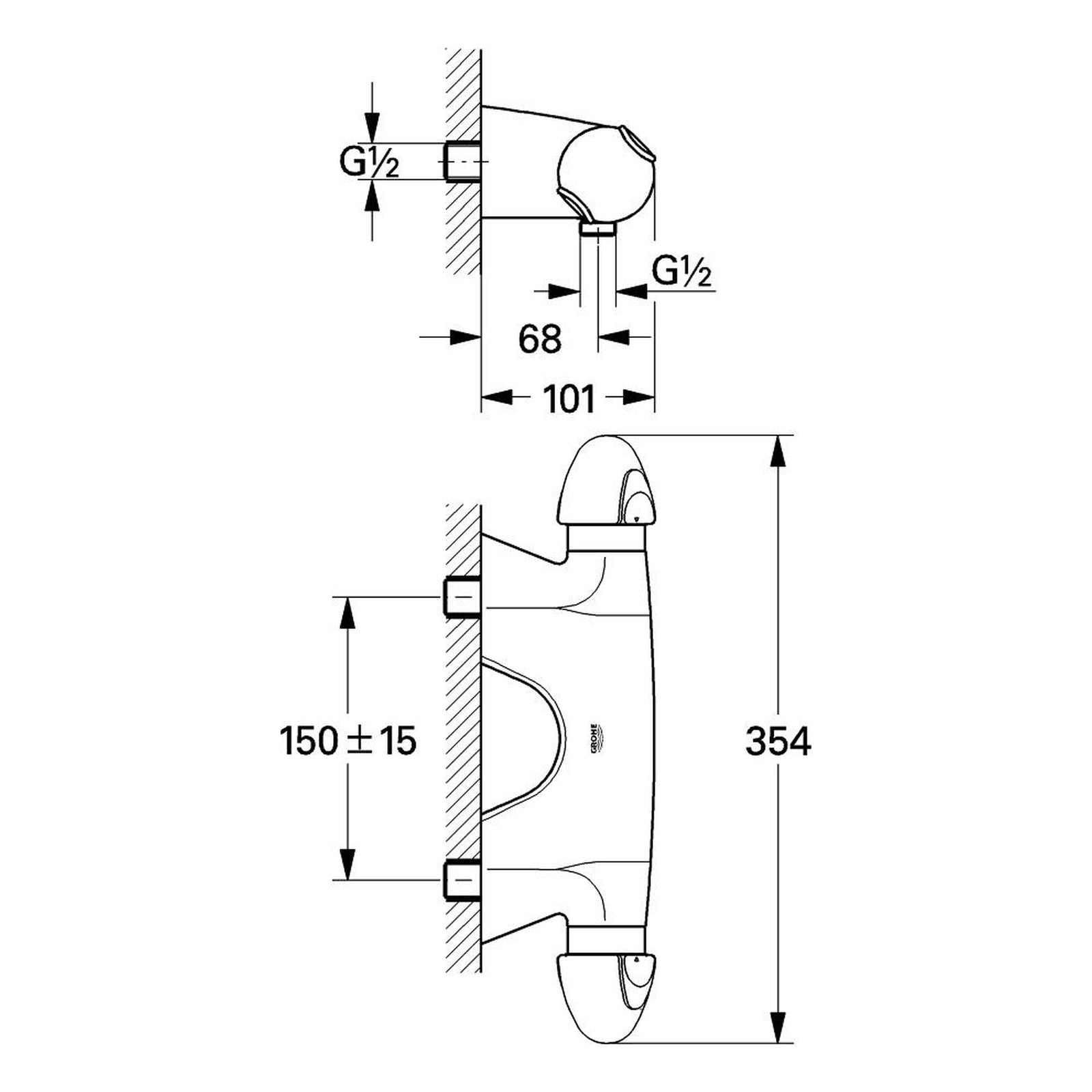 Maattekening Grohe Taron thermostatische douchemengkraan