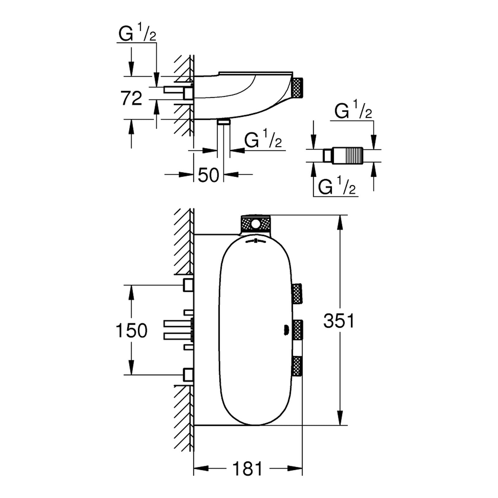 Maattekening Grohe Grohtherm SmartControl rainshower SmartControl thermostaat