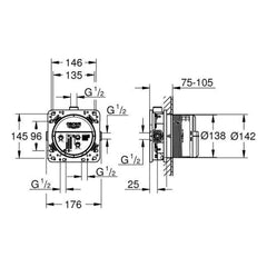 Maattekening Grohe Rapido SmartBox universele inbouwbox, 1/2