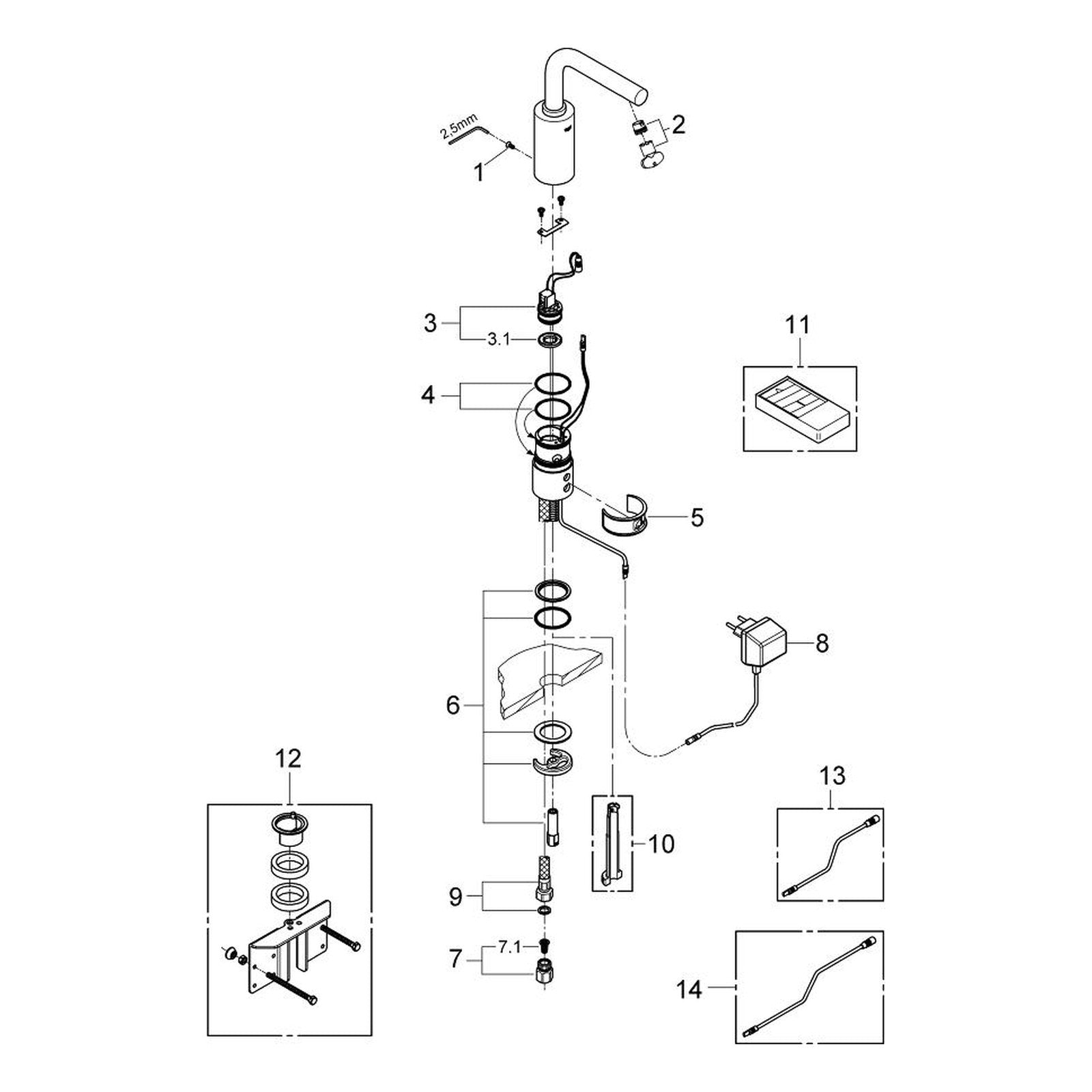 Onderdelentekening Grohe Essence E infrarood elektronische wastafelkraan zonder menging M-Size 2009–2016