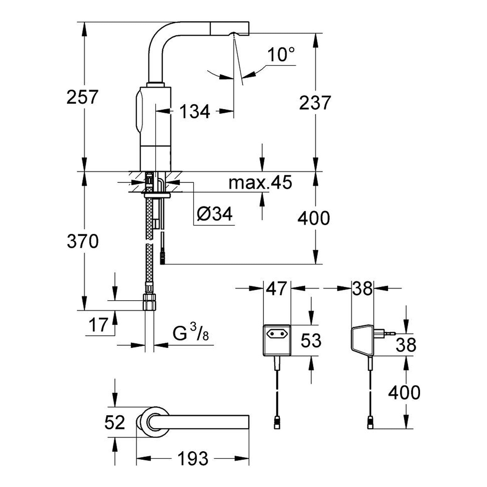 Maattekening Grohe Essence E infrarood elektronische wastafelkraan zonder menging M-Size