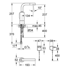Maattekening Grohe Essence E infrarood elektronische wastafelkraan zonder menging M-Size