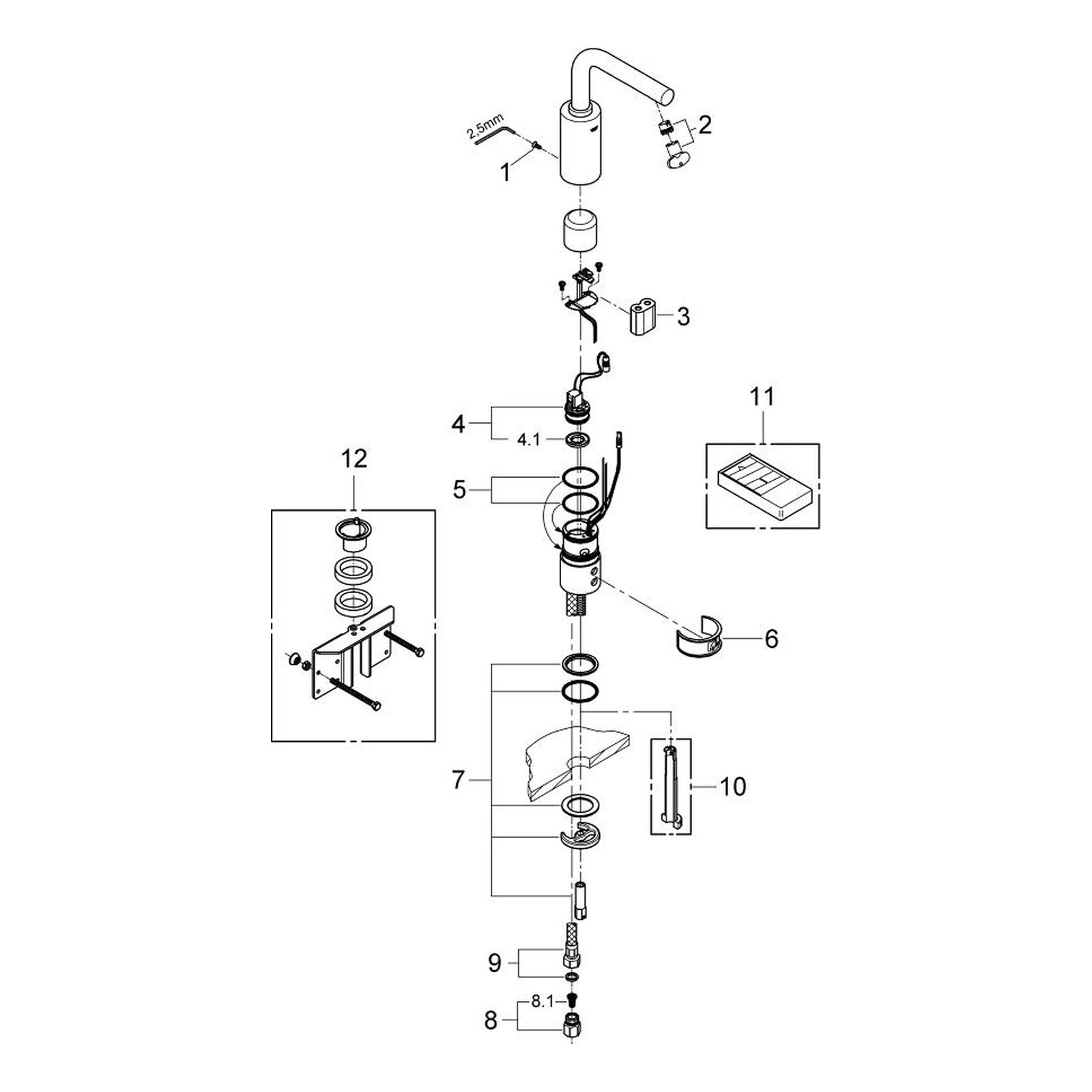 Onderdelentekening Grohe Essence E infrarood elektronische wastafelkraan zonder menging M-Size 2009–2016
