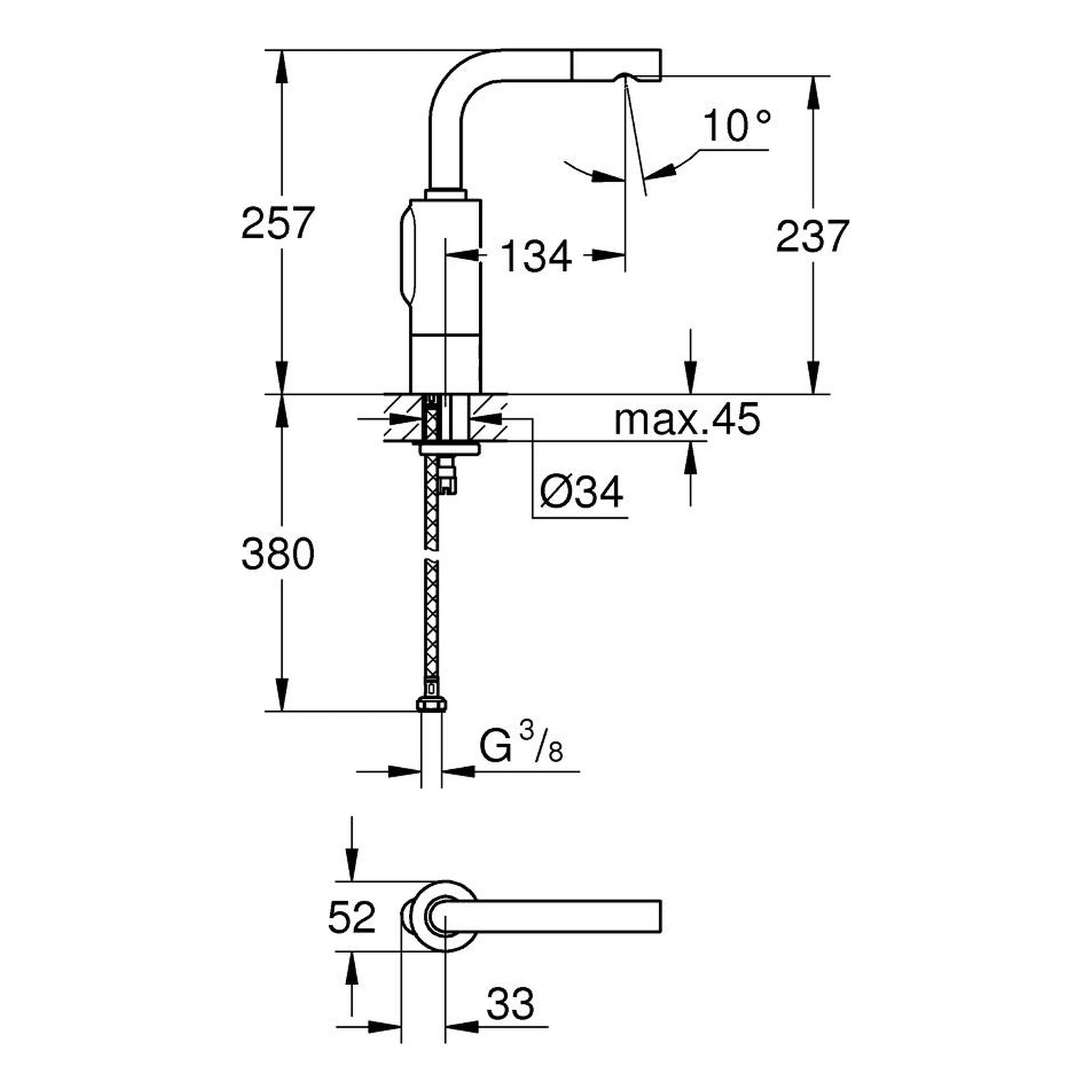 Maattekening Grohe Essence E infrarood elektronische wastafelkraan zonder menging M-Size