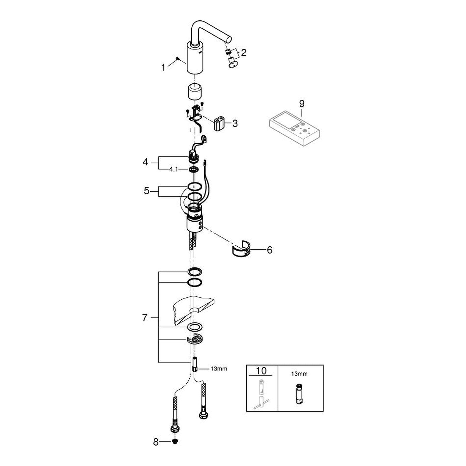 Onderdelentekening Grohe Essence E infrarood elektronische wastafelkraan zonder menging M-Size