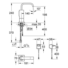 Maattekening Grohe Allure E infrarood elektronische wastafelkraan zonder menging M-Size