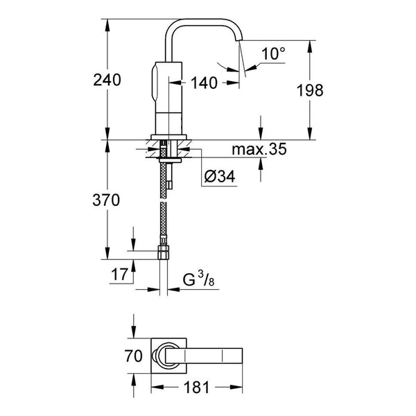Maattekening Grohe Allure E infrarood elektronische wastafelkraan zonder menging M-Size