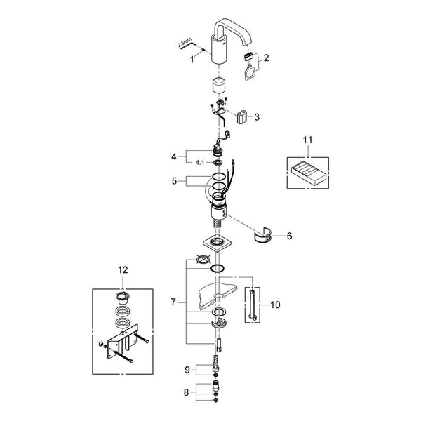 Onderdelentekening Grohe Allure E infrarood elektronische wastafelkraan zonder menging M-Size
