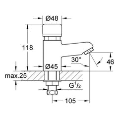 Maattekening Grohe Controecon zelfsluitende wastafelkraan