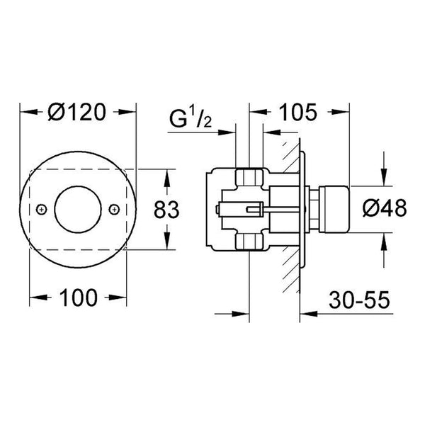 Maattekening Grohe Controecon zelfsluitende douchekraan