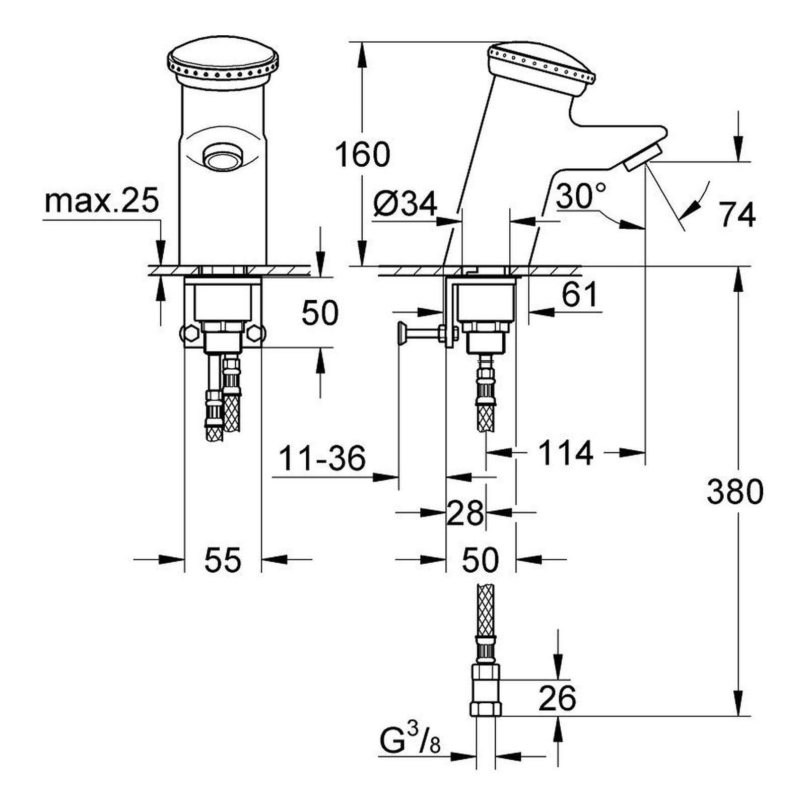 Maattekening Grohe Contromix Public zelfsluitende wastafelkraan met menging