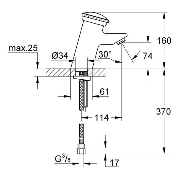 Maattekening Grohe Contromix Public zelfsluitende electronische wastafelkraan zonder menging