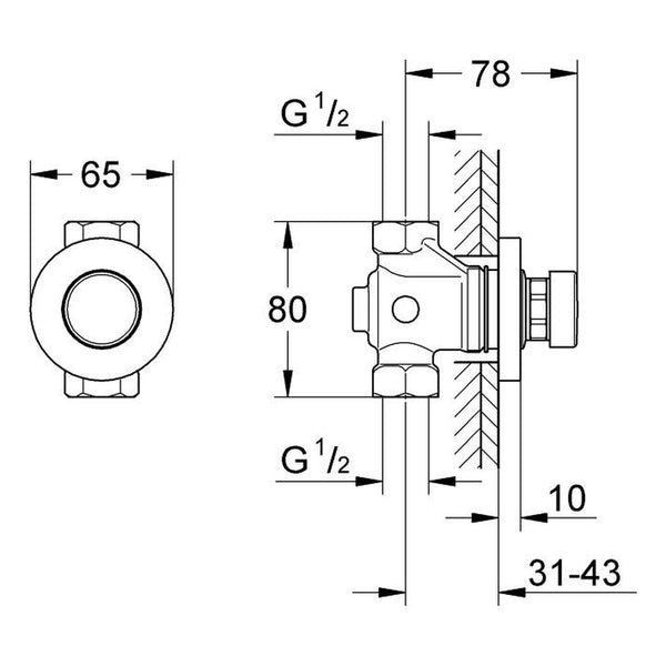 Maattekening Grohe Contropress zelfsluitende douchekraan