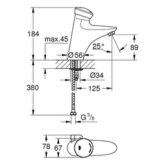 Maattekening Grohe Eurodisc SE zelfsluitende wastafelkraan met menging en temperatuurbegrenzer