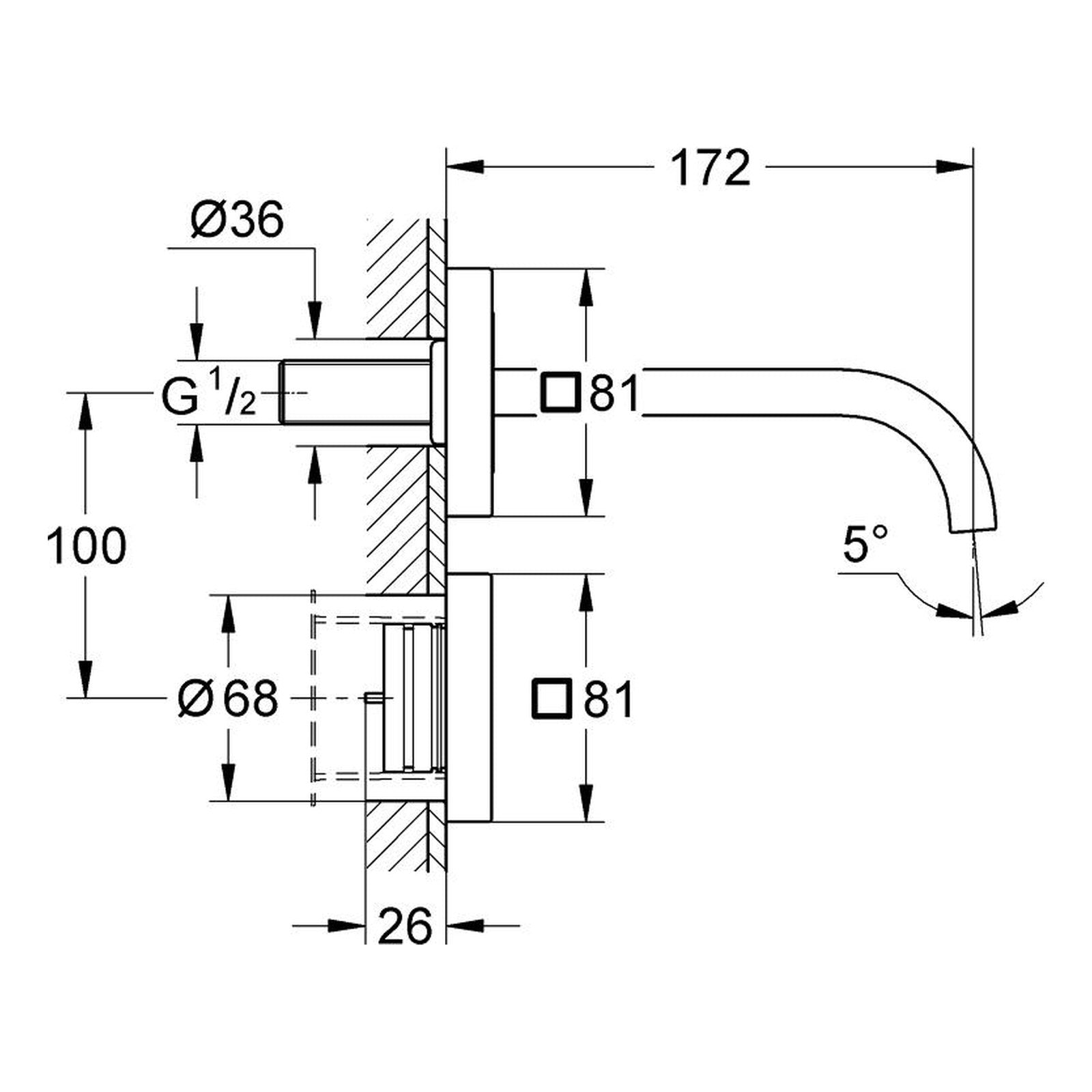 Maattekening Grohe Allure E infrarood elektronica voor wandmontage