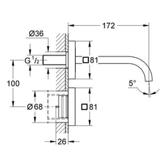 Maattekening Grohe Allure E infrarood elektronica voor wandmontage