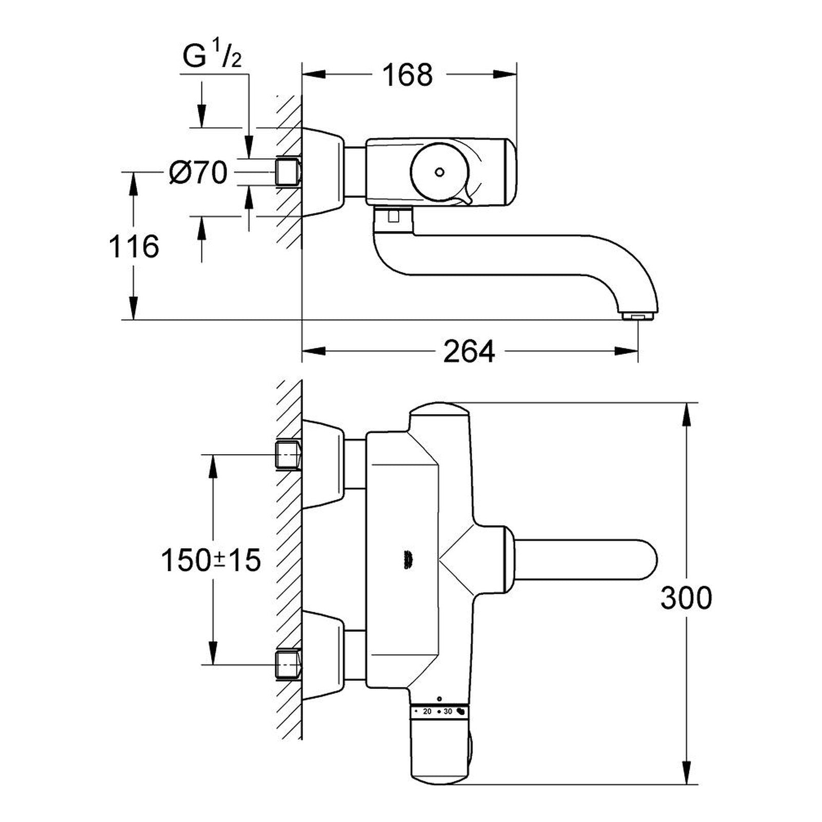 Maattekening Grohe Europlus E infrarood thermostatische wandmengkraan