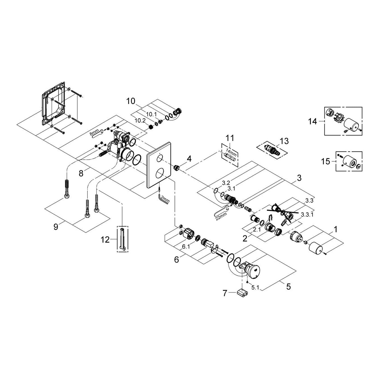 Onderdelentekening Grohe Eurodisc SE zelfsluitende douchethermostaat 2001–2007