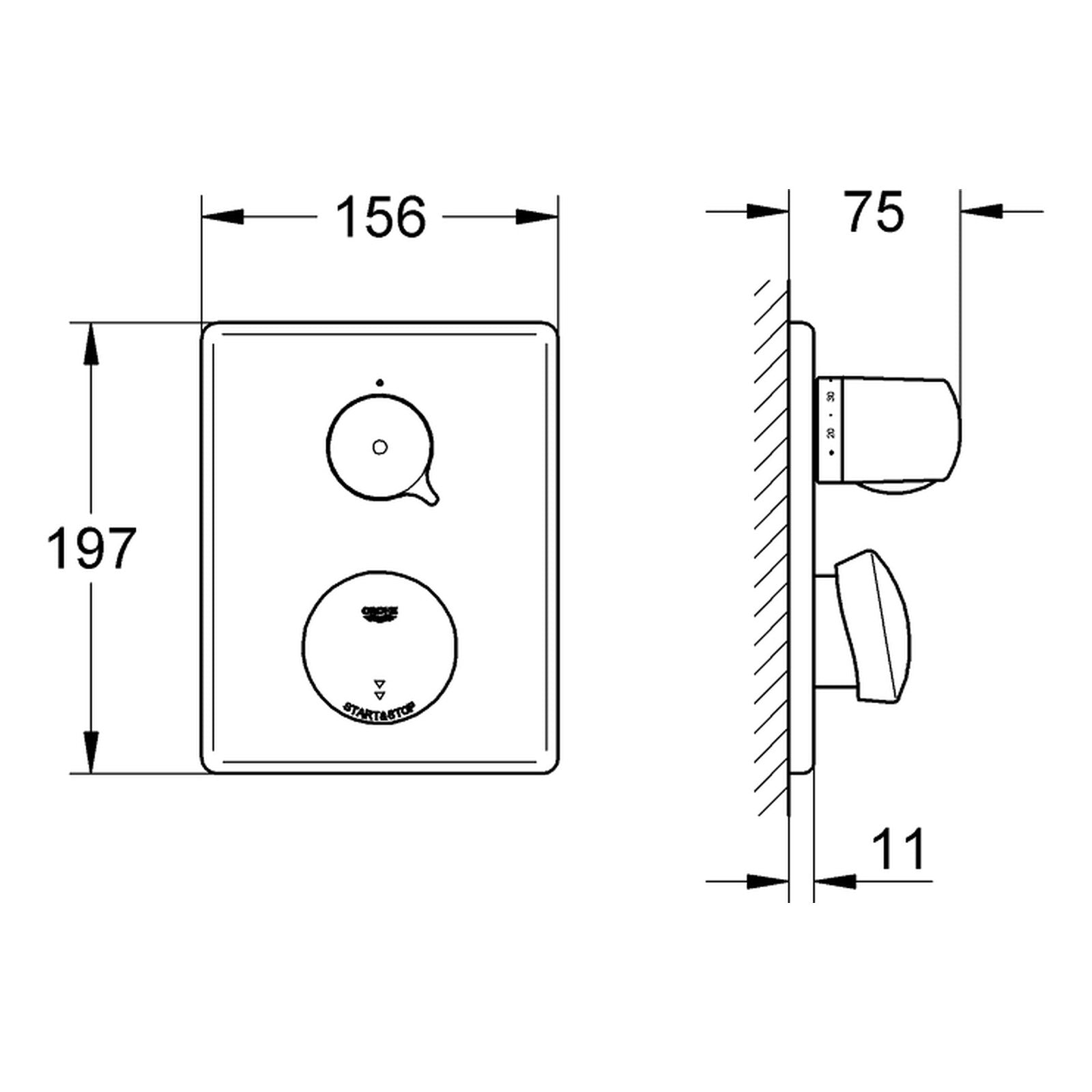 Maattekening Grohe Eurodisc SE zelfsluitende douchethermostaat