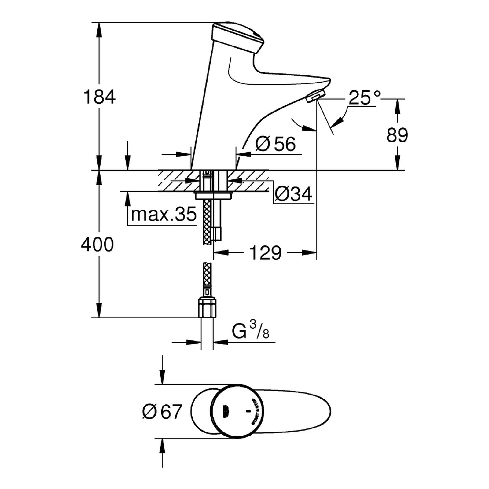 Maattekening Grohe Eurodisc SE zelfsluitende electronische wastafelkraan zonder menging
