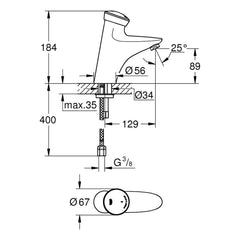 Maattekening Grohe Eurodisc SE zelfsluitende electronische wastafelkraan zonder menging