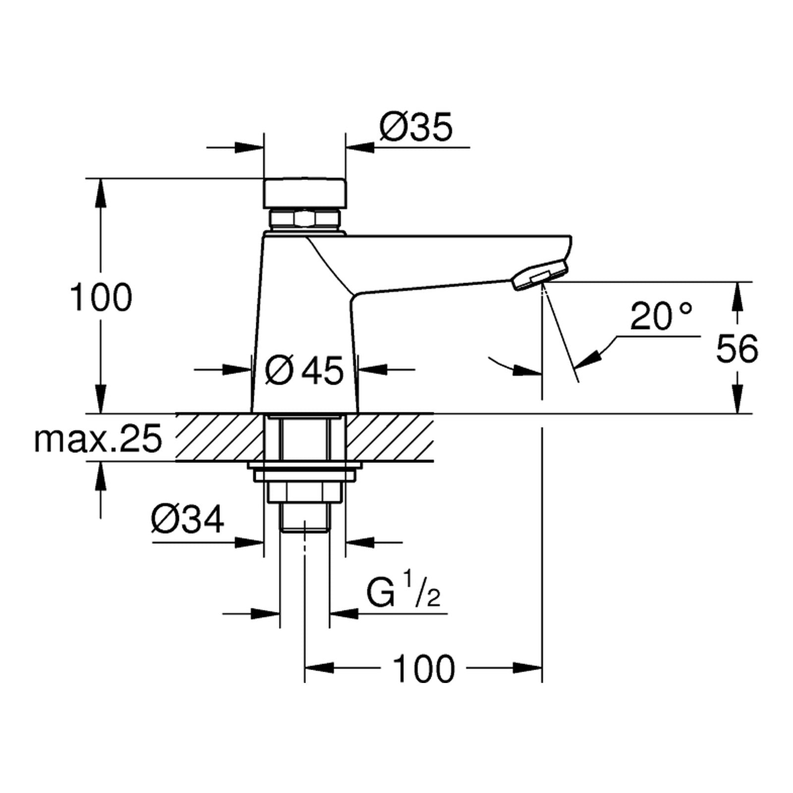 Maattekening Grohe Eurosmart Cosmopolitan T zelfsluitende wastafelkraan