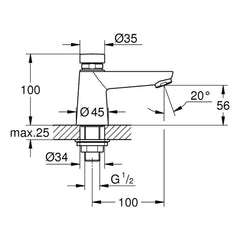 Maattekening Grohe Eurosmart Cosmopolitan T zelfsluitende wastafelkraan