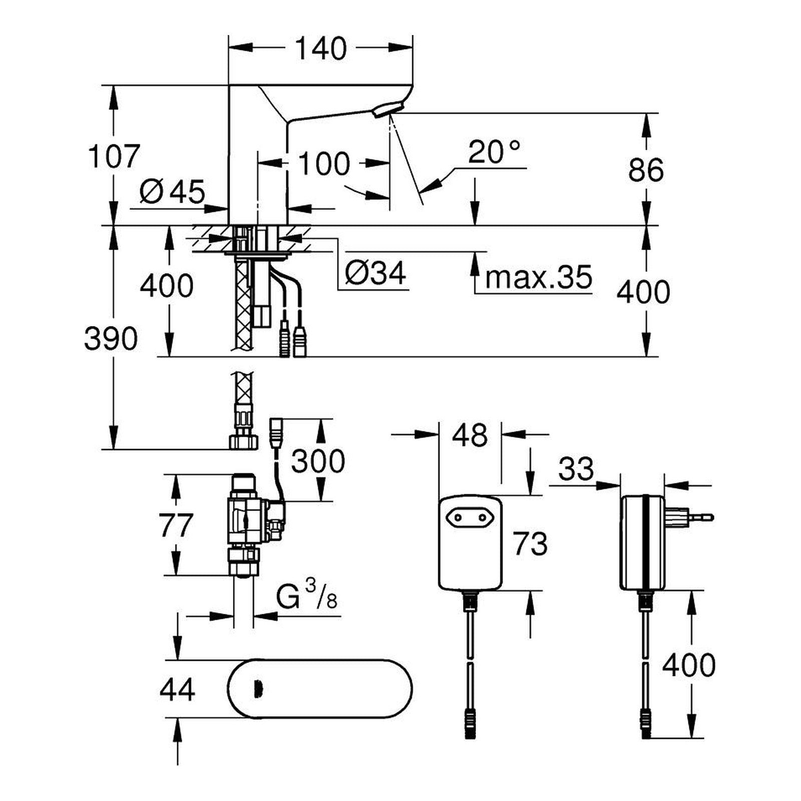 Maattekening Grohe Eurosmart Cosmopolitan E infrarood elektronische wastafelkraan zonder menging M-Size