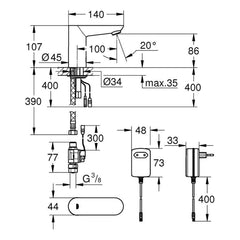 Maattekening Grohe Eurosmart Cosmopolitan E infrarood elektronische wastafelkraan zonder menging M-Size
