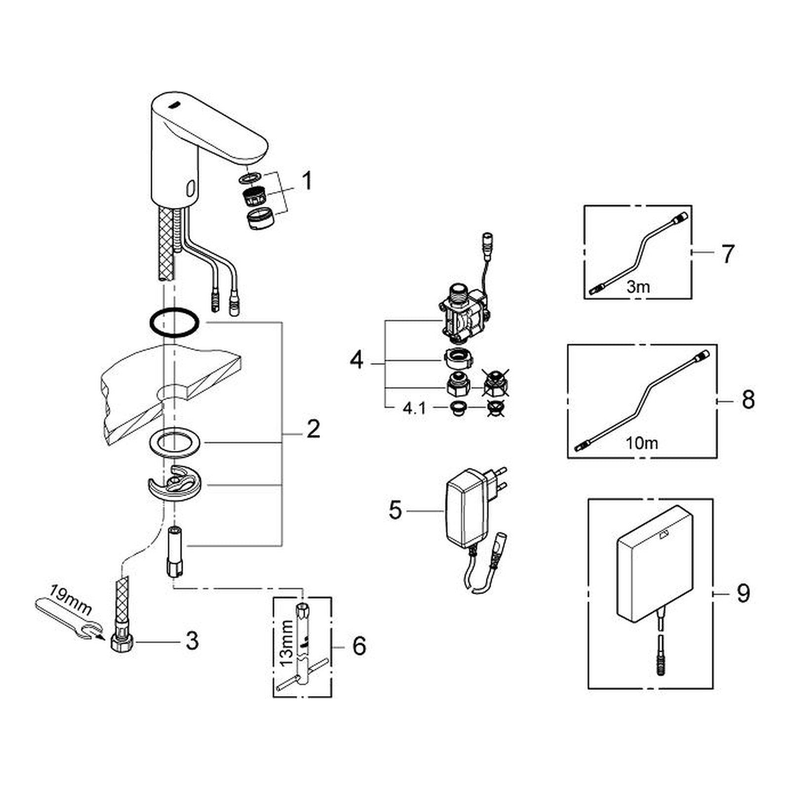 Onderdelentekening Grohe Eurosmart Cosmopolitan E infrarood elektronische wastafelkraan zonder menging M-Size 2010–2015