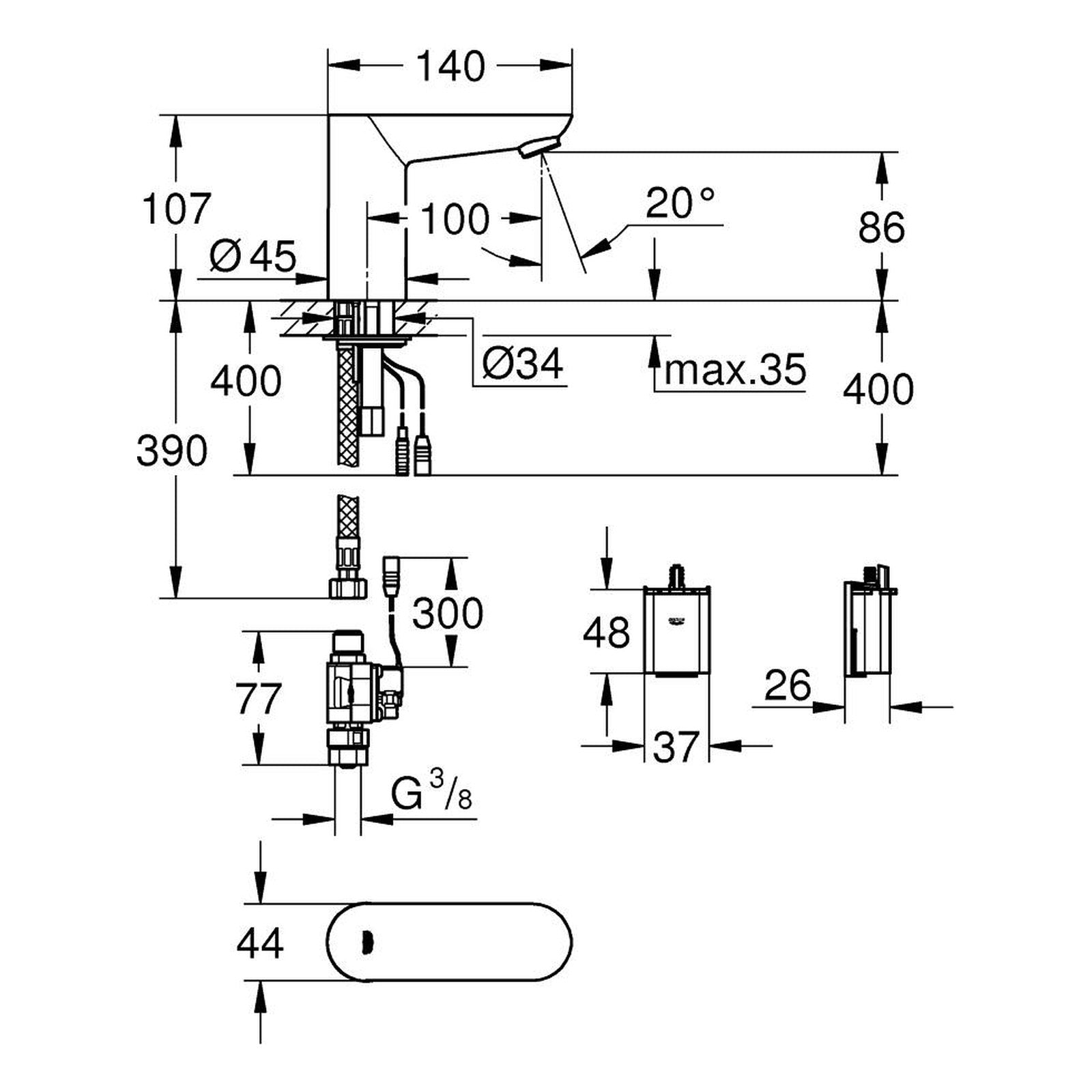 Maattekening Grohe Eurosmart Cosmopolitan E infrarood elektronische wastafelkraan zonder menging