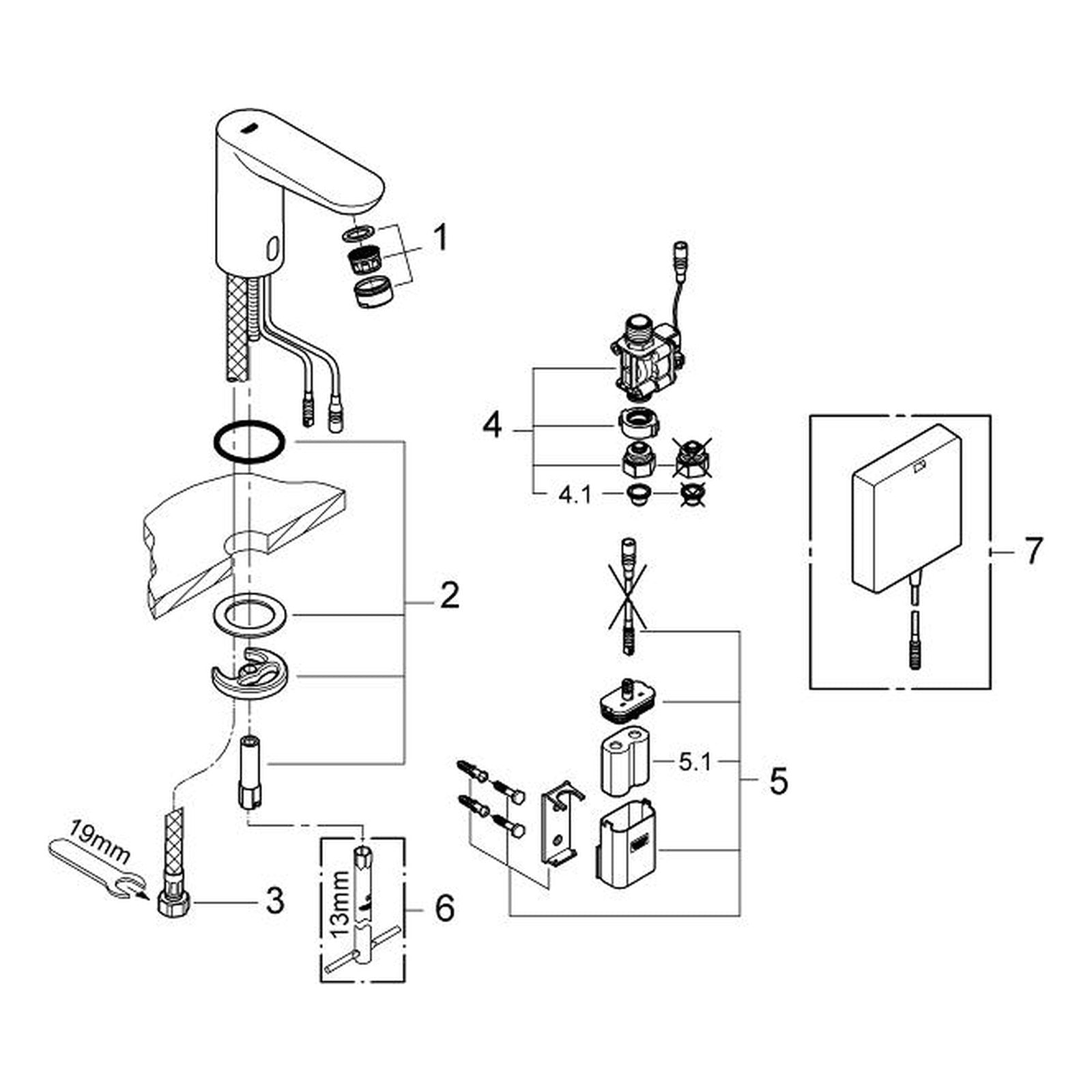 Onderdelentekening Grohe Eurosmart Cosmopolitan E infrarood elektronische wastafelkraan zonder menging 2010–2015