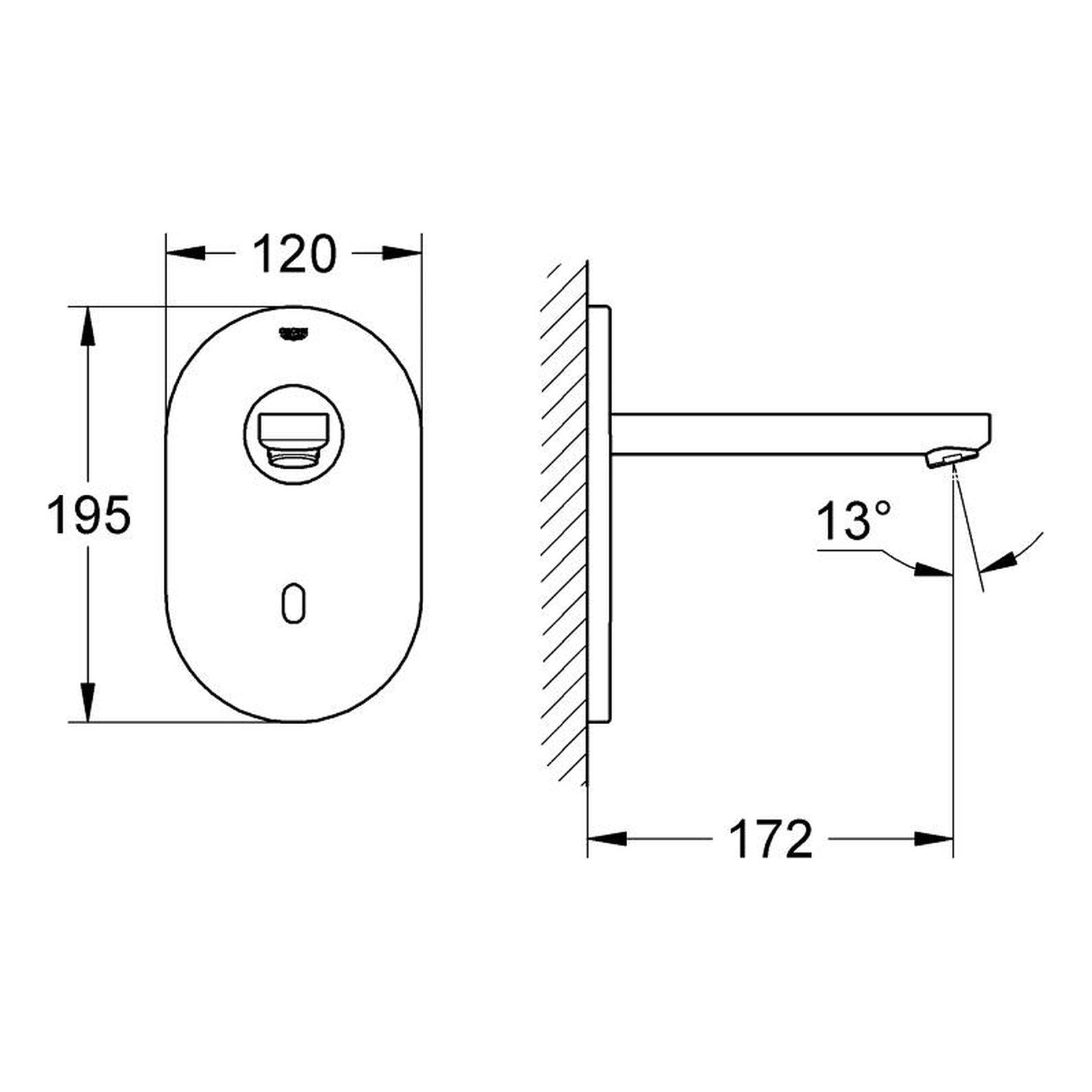 Maattekening Grohe Eurosmart Cosmopolitan E infrarood elektronische wastafelkraan zonder menging