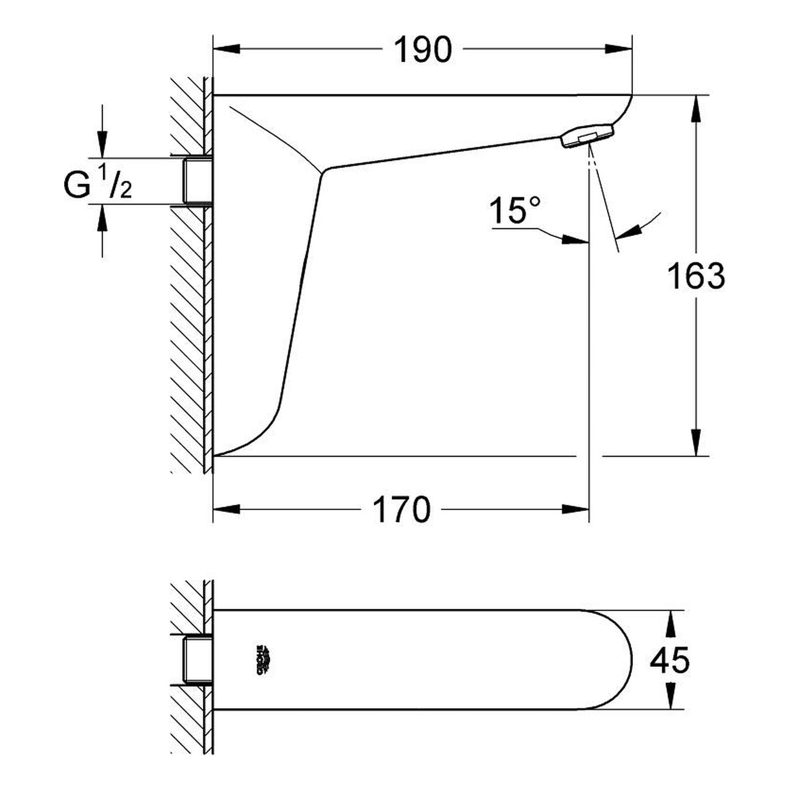 Maattekening Grohe Eurosmart Cosmopolitan E infrarood elektronische wastafelkraan zonder menging