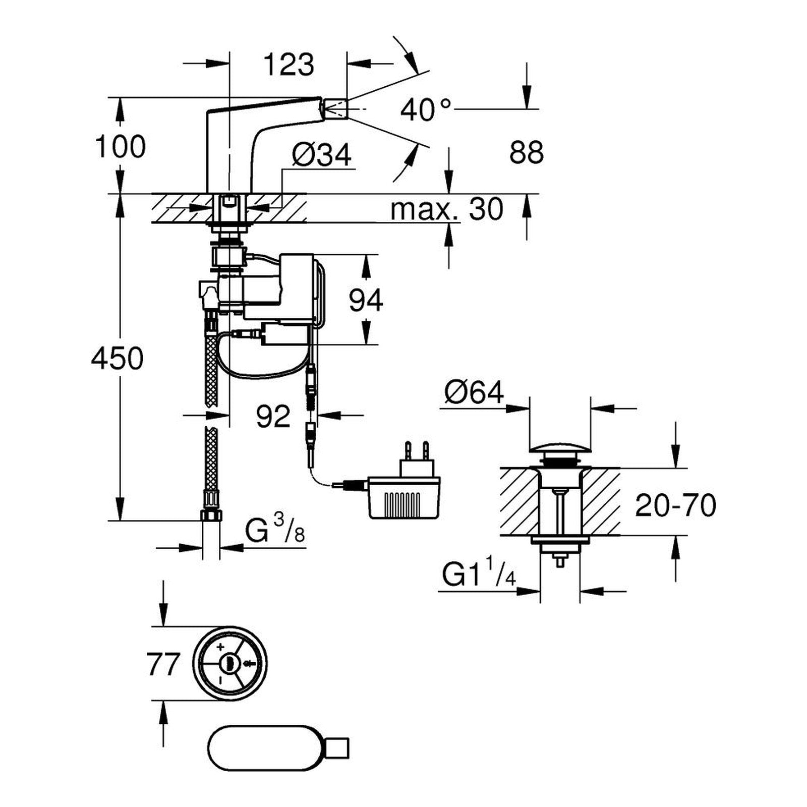 Maattekening Grohe Veris F-digital digitale bidetmengkraan