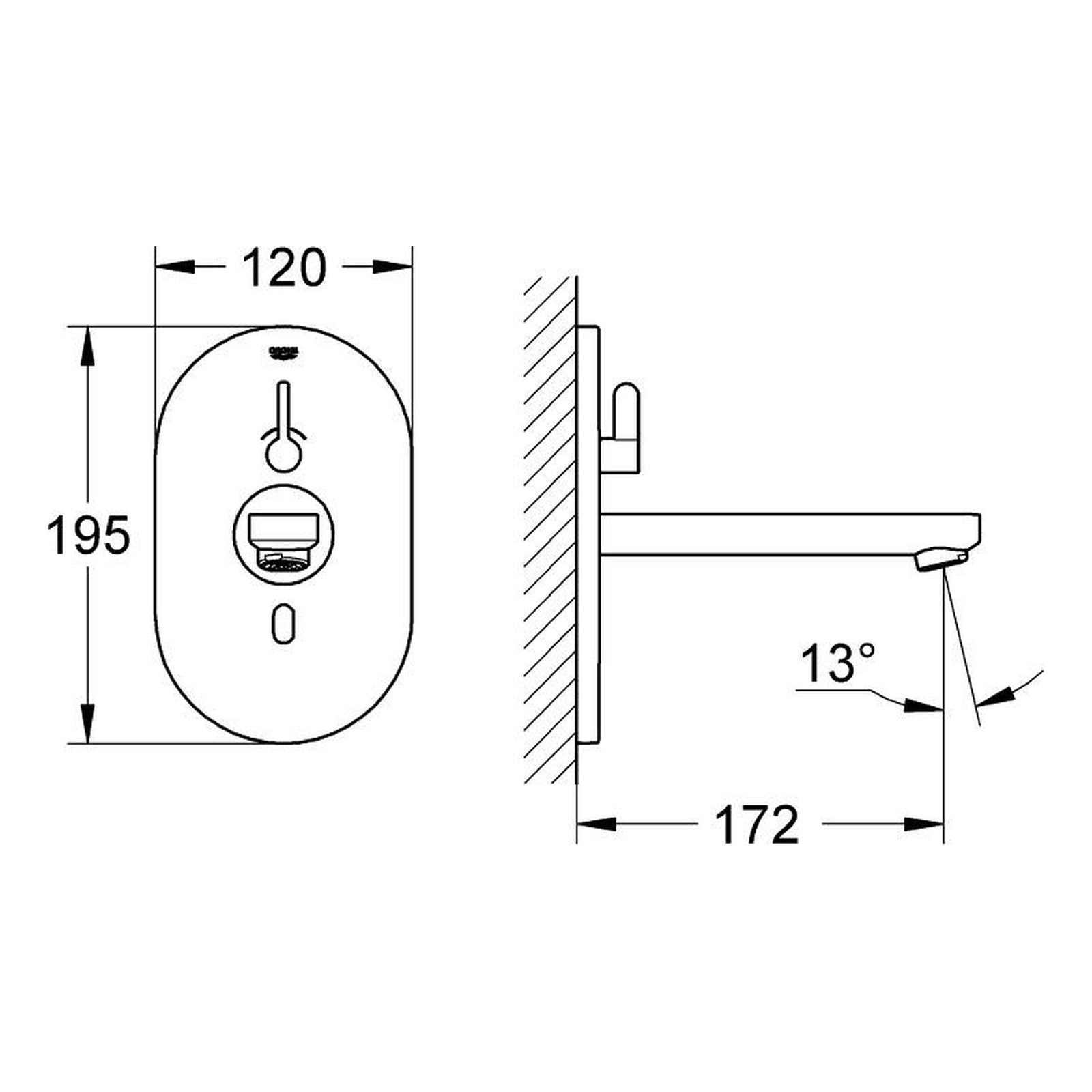 Maattekening Grohe Eurosmart Cosmopolitan E infrarood elektronische wastafelkraan met menging