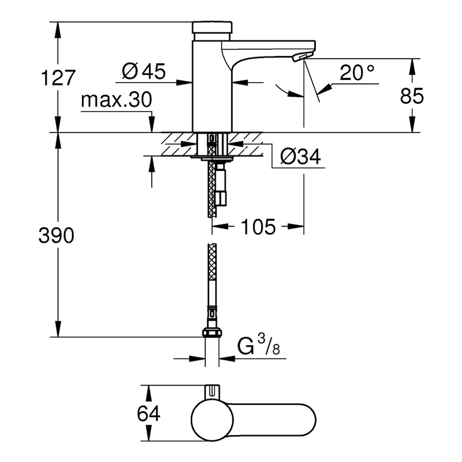 Maattekening Grohe Eurosmart Cosmopolitan T zelfsluitende wastafelkraan met menging en temperatuurbegrenzer