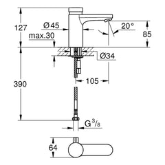 Maattekening Grohe Eurosmart Cosmopolitan T zelfsluitende wastafelkraan met menging en temperatuurbegrenzer