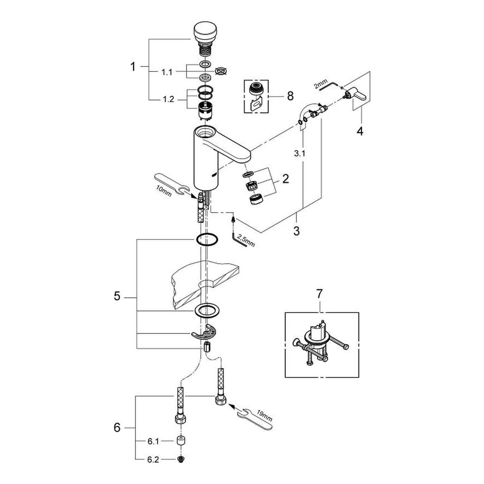 Onderdelentekening Grohe Eurosmart Cosmopolitan T zelfsluitende wastafelkraan met menging en temperatuurbegrenzer 2012–2016