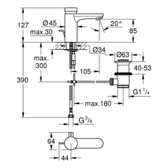 Maattekening Grohe Eurosmart Cosmopolitan T zelfsluitende wastafelkraan met menging en temperatuurbegrenzer