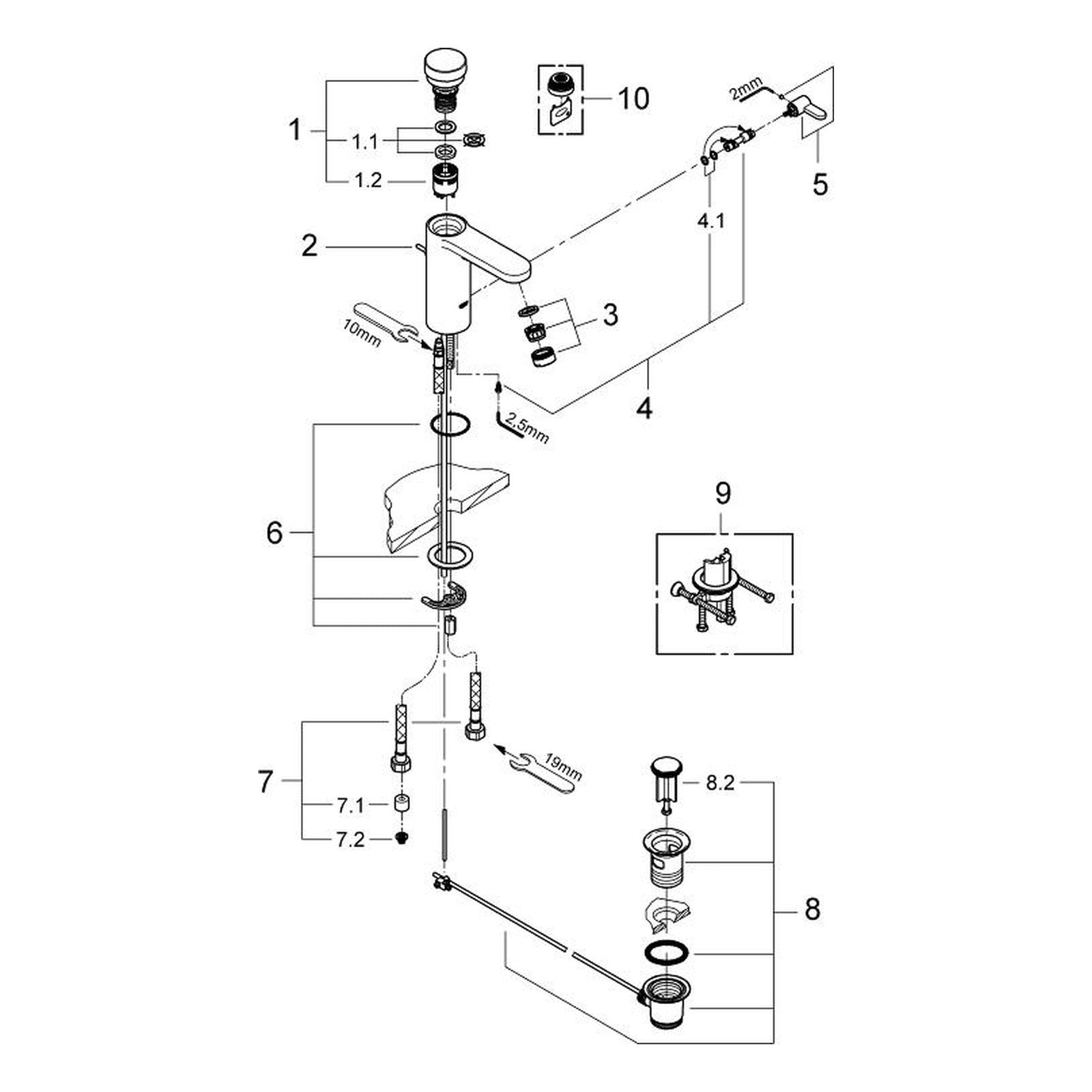Onderdelentekening Grohe Eurosmart Cosmopolitan T zelfsluitende wastafelkraan met menging en temperatuurbegrenzer 2010–2012