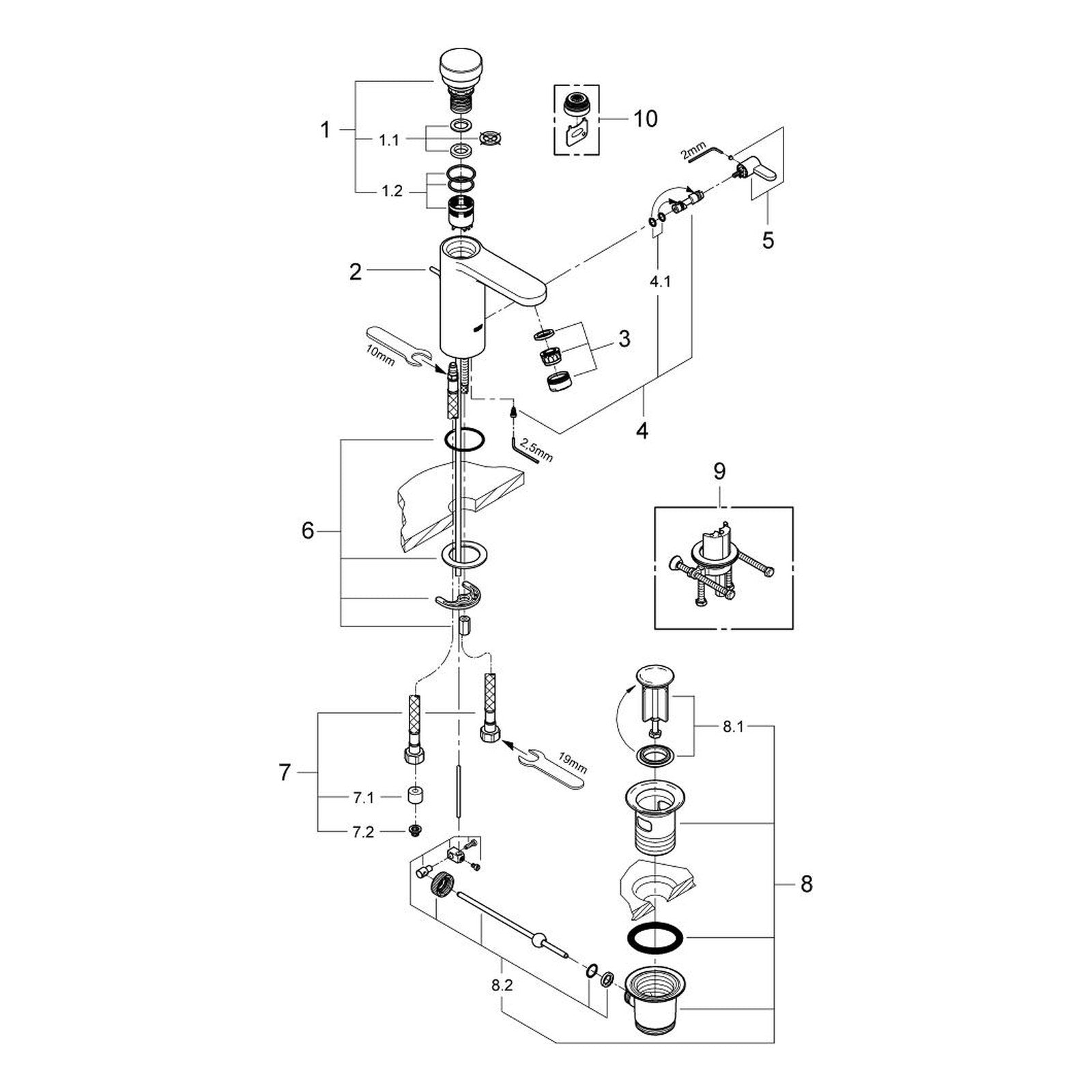 Onderdelentekening Grohe Eurosmart Cosmopolitan T zelfsluitende wastafelkraan met menging en temperatuurbegrenzer 2012–2016