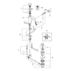 Onderdelentekening Grohe Eurosmart Cosmopolitan T zelfsluitende wastafelkraan met menging en temperatuurbegrenzer 2012–2016