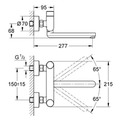 Maattekening Grohe Eurosmart Cosmopolitan T zelfsluitende wastafelkraan met menging en temperatuurbegrenzer