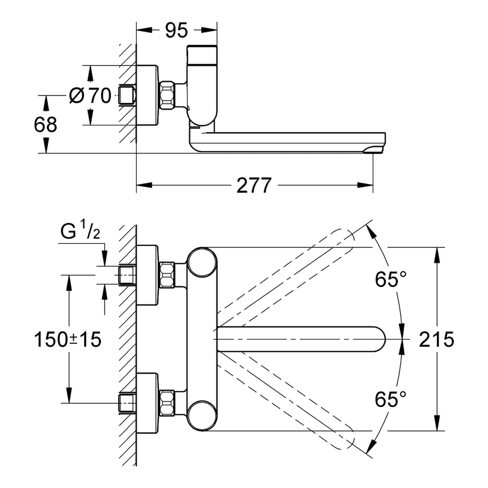 Maattekening Grohe Eurosmart Cosmopolitan T zelfsluitende wastafelkraan met menging en temperatuurbegrenzer