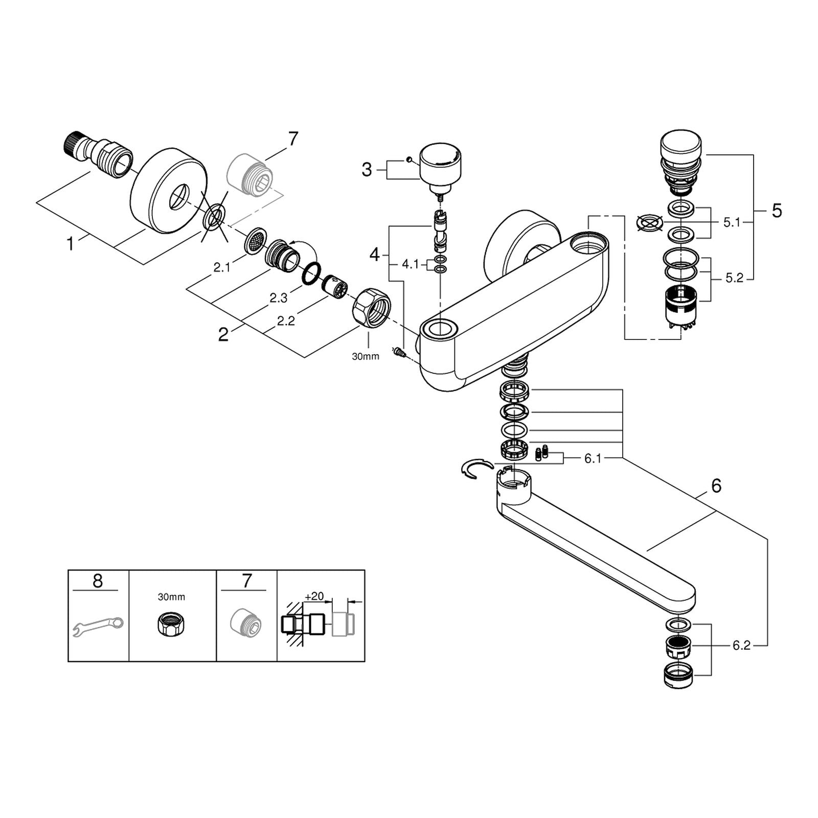 Onderdelentekening Grohe Eurosmart Cosmopolitan T zelfsluitende wastafelkraan met menging en temperatuurbegrenzer 2012–2021