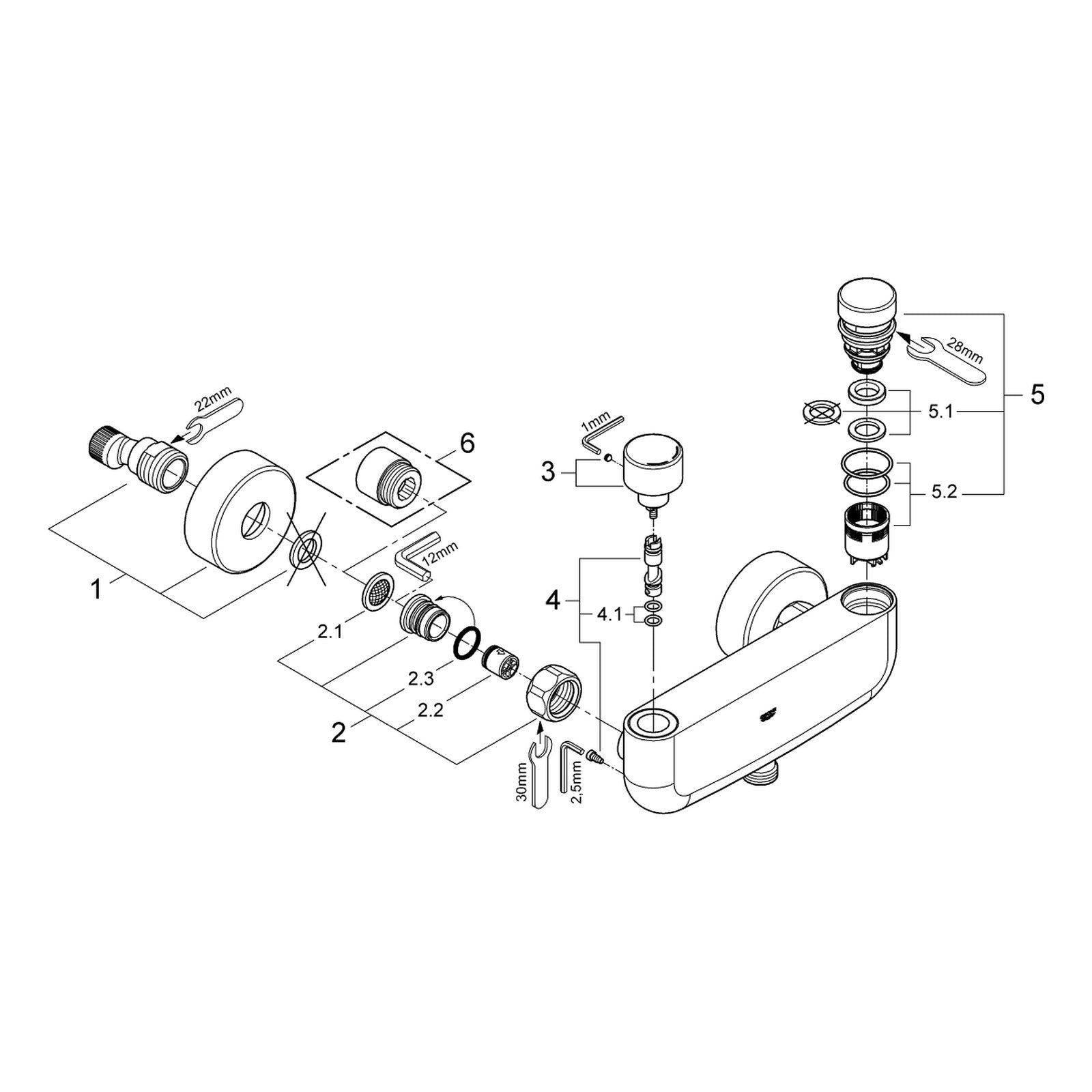 Onderdelentekening Grohe Eurosmart Cosmopolitan T zelfsluitende douchekraan met menging en instelbare temperatuurbegrenzer 2012–2019