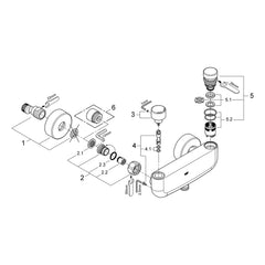 Onderdelentekening Grohe Eurosmart Cosmopolitan T zelfsluitende douchekraan met menging en instelbare temperatuurbegrenzer 2012–2019