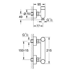 Maattekening Grohe Eurosmart Cosmopolitan T zelfsluitende douchekraan met menging en instelbare temperatuurbegrenzer
